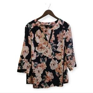 Eliane Rose Navy Floral Blouse 3/4 Sleeve V-Neck Top 1X